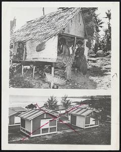 Navy Will Treat Pacific Lepers. On tiny Tinian Island in the Pacific, the U.S. Navy is completing construction of a temporary leprosarium, shown below, with facilities for treating a hundred patients, natives of the Marianas, Marshalls, Carolines, Palaus and Yap. Until now the only treatment they did get was to be segregated as outcasts by their neighbors. Above, is a typical native hut on Yap in which lepers live their isolated lives in an area set aside from the inhabited parts of the island.