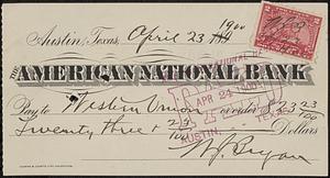 Check signed by William Jennings Bryan made out to Western Union, 1900 April 23