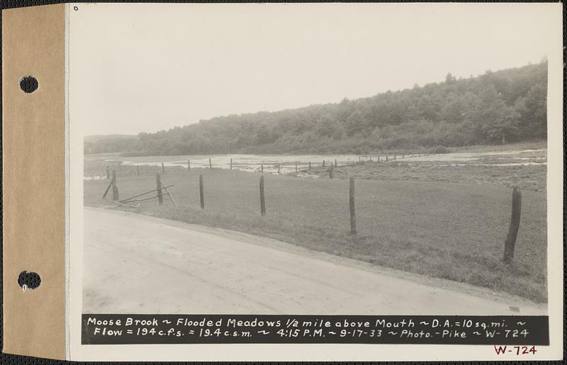 Moose Brook, flooded meadows about 1/2 mile above mouth, drainage area = 10 square miles, flow = 194 cubic feet per second = 19.4 cubic feet per second per square mile, Hardwick, Mass., 4:15 PM, Sep. 17, 1933