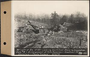 Contract No. 99, Enlargement of Fells High Level Distribution Reservoir, Stoneham, Malden, Melrose, 80 feet left of Sta. 13+00+/- looking southeast showing excavation dam 8, enlargement of Fells Reservoir, Stoneham, Mass., Feb. 12, 1940