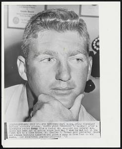 Eye Improved--Herb Score, young Cleveland Indians southpaw pitcher, thinks about returning to baseball after a favorable report from a doctor who examined his injured eye. Score has been out of action since last May 7 when he was hit in the right eye by a line drive. Dr. Charles I. Thomas said yesterday Score can resume workouts tomorrow and pitch a game in from four to six weeks.