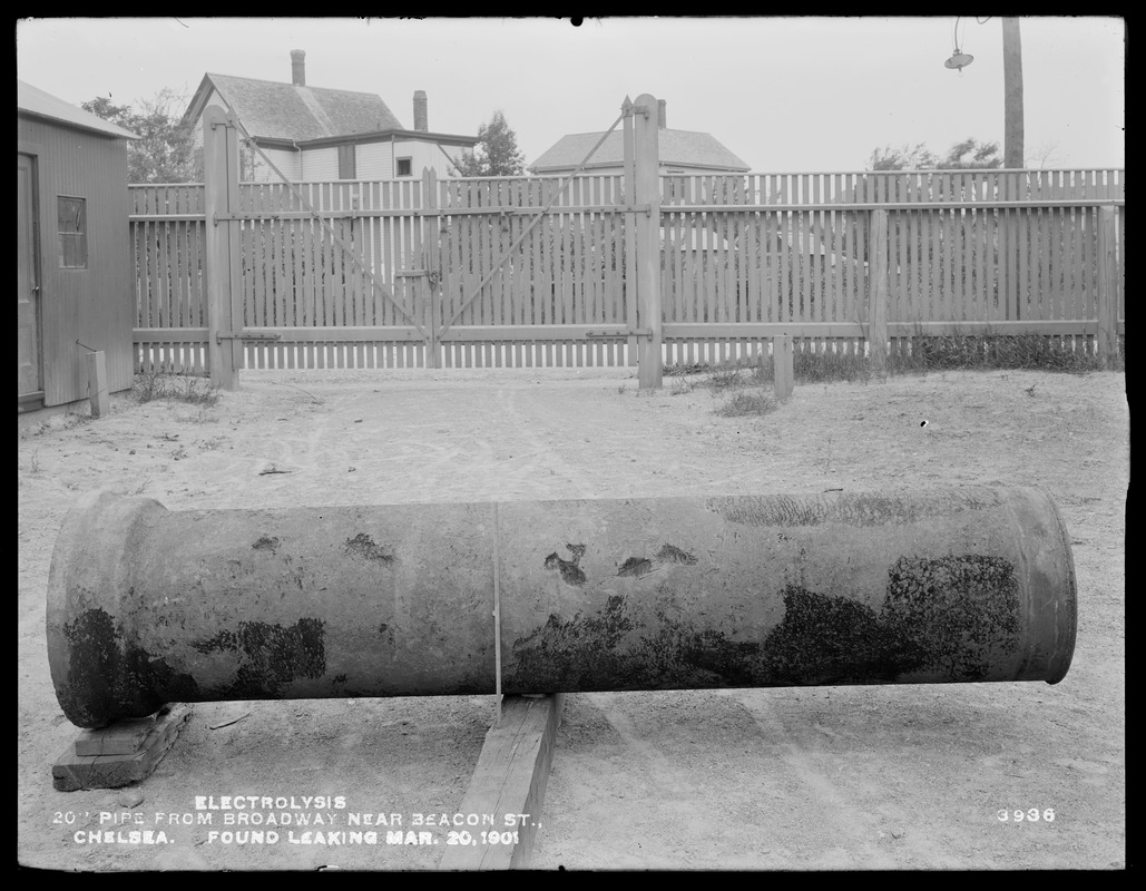 Electrolysis, Chelsea Water Works, Broadway near Beacon Street, electrolysis of 20-inch pipe found leaking, Chelsea, Mass., Mar. 20, 1901