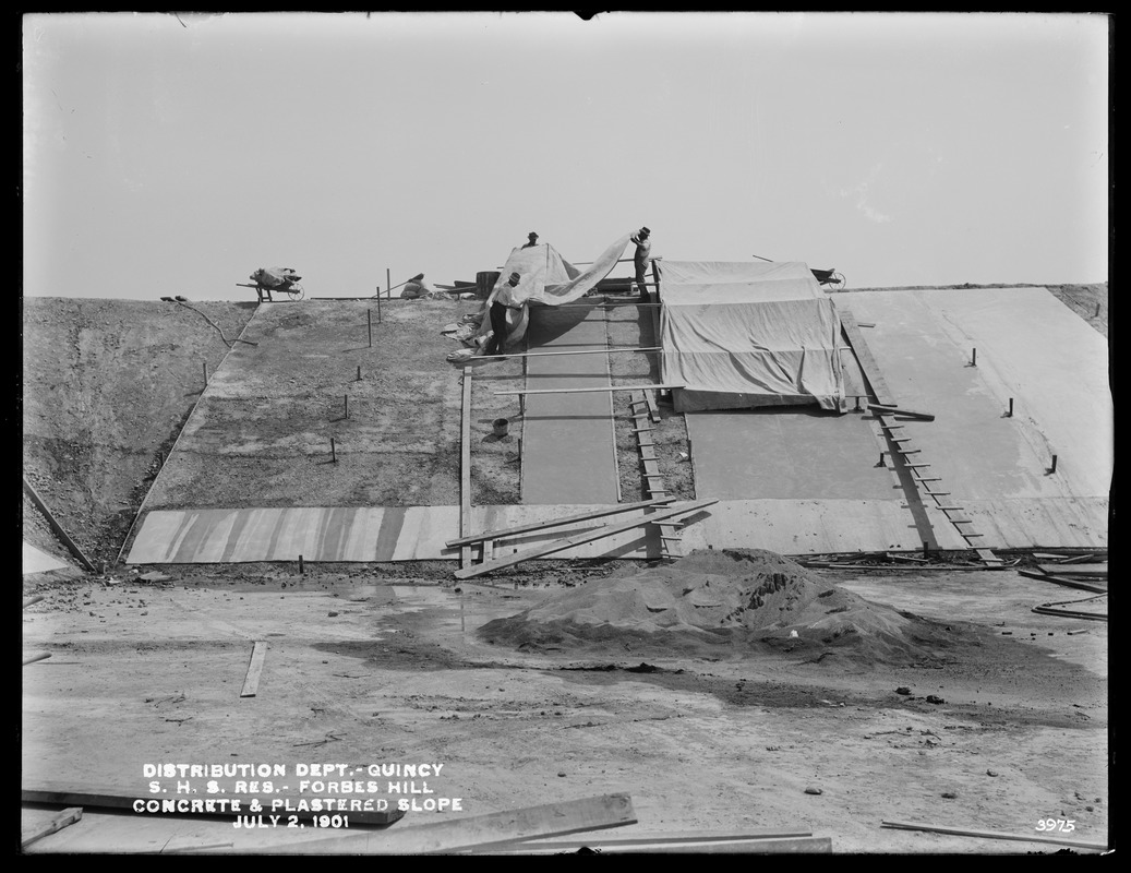 Distribution Department, Southern High Service Forbes Hill Reservoir, concrete and plastered slope, Quincy, Mass., Jul. 2, 1901