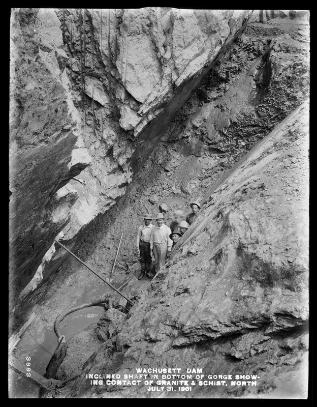 Wachusett Dam, inclined shaft in bottom of gorge showing contact of ...