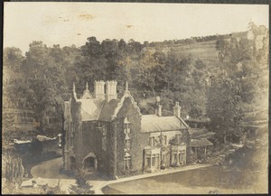 Bird's eye view of ivy covered Castle Leod