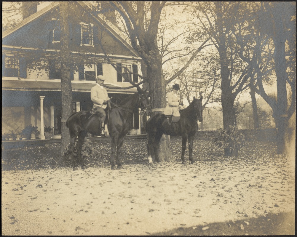 Gertrude and G. Otto Kunhardt on horseback in front of house, Ashdale Farm.