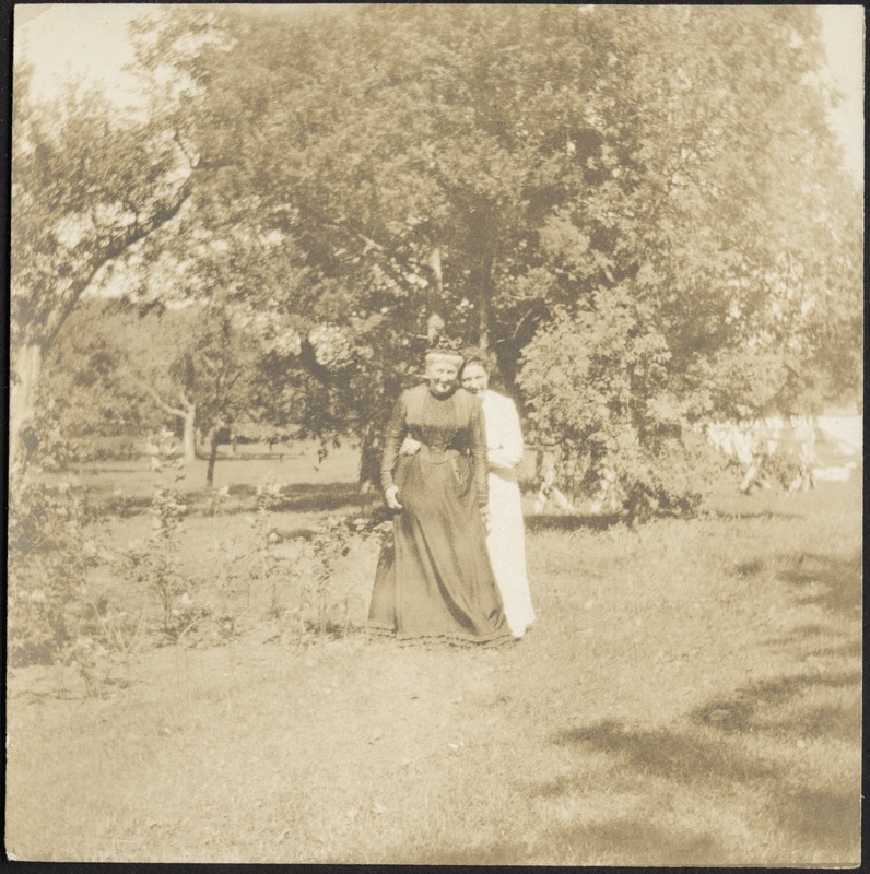 Harriet M. Cornwall Granger (Mrs. George Granger) with Gertrude Stevens Kunhardt in orchard at Ashdale Farm