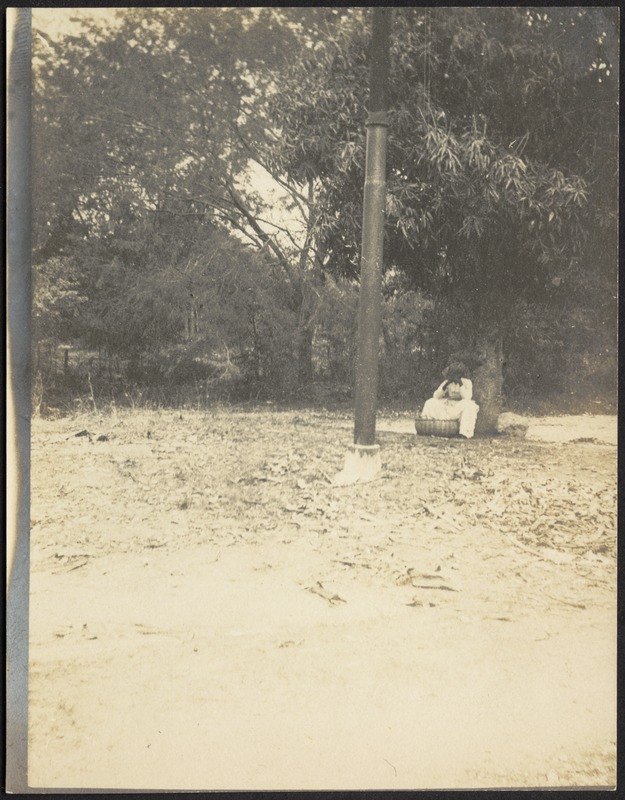 Woman with a large basket sitting under tree