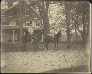 Gertrude and G. Otto Kunhardt on horses in front of main house at Ashdale Farm