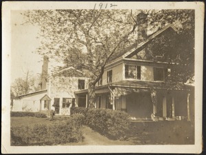 Ashdale Farm. Front of house with woman in yard, possibly Gertrude Kunhardt