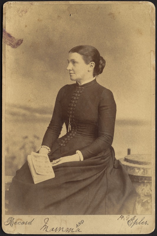 Profile of Helen Mead Granger Stevens (Mrs. Henry James Stevens) seated, holding book