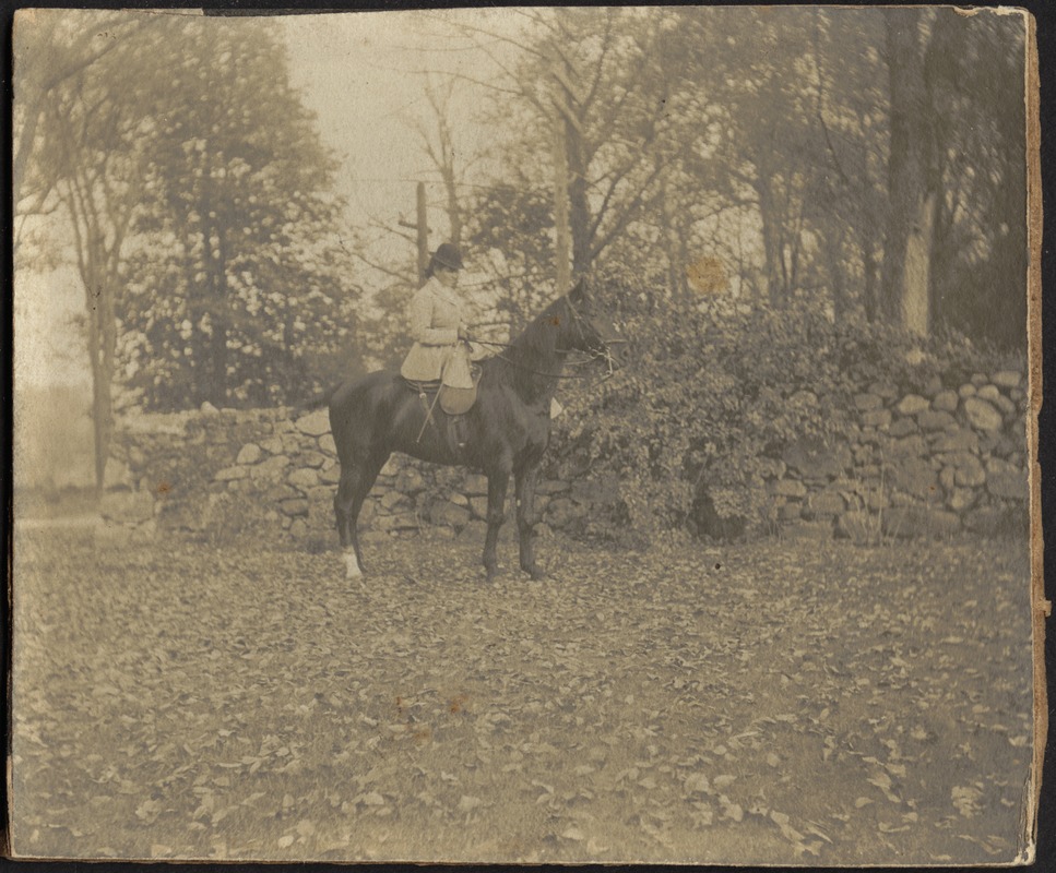 Ashdale Farm. Gertrude S. Kunhardt on horseback in front of stone wall.