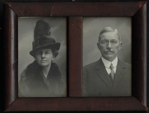 Two small portraits of Helen Stevens Coolidge and John Gardner Coolidge in double-paned wooden frame