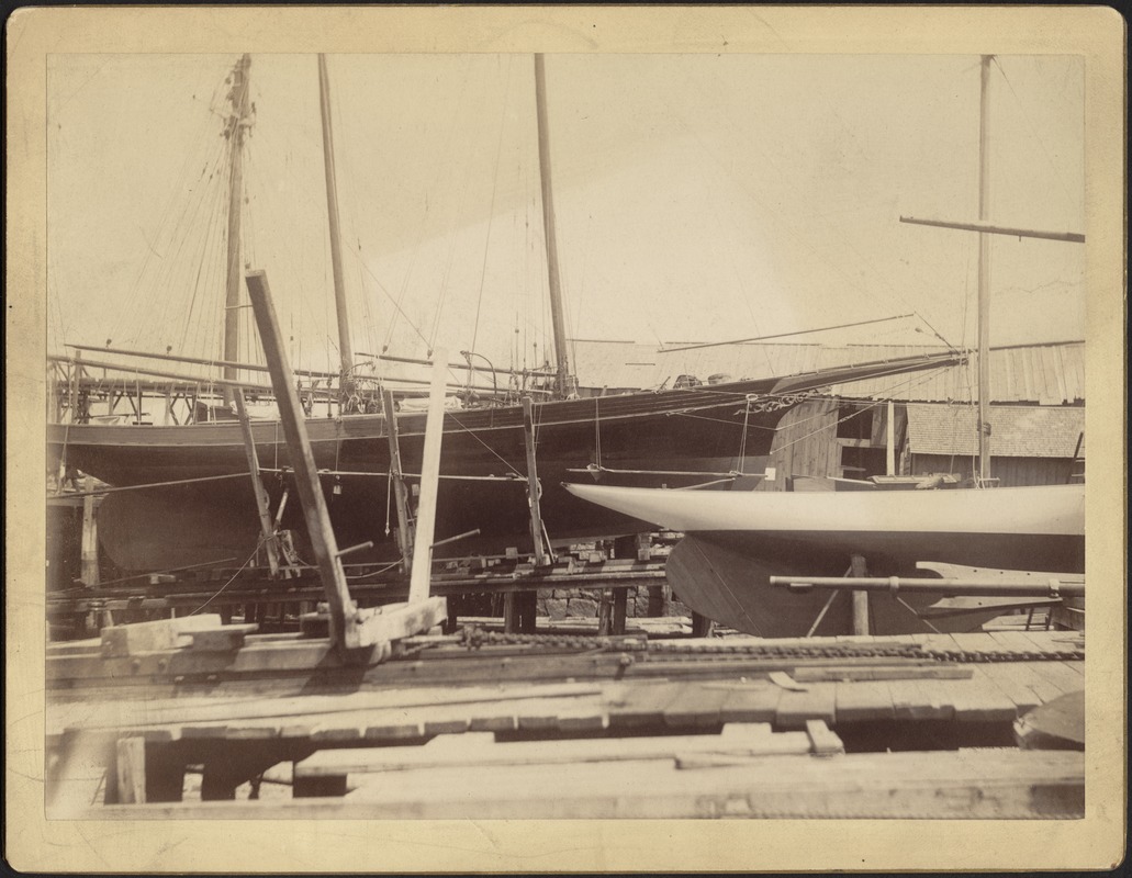 Boat Yard — Two Wooden Sailing Vessels In Dry Dock Digital Commonwealth