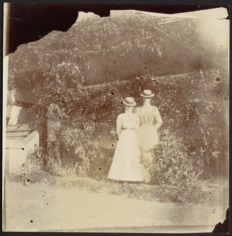 Two women standing in garden
