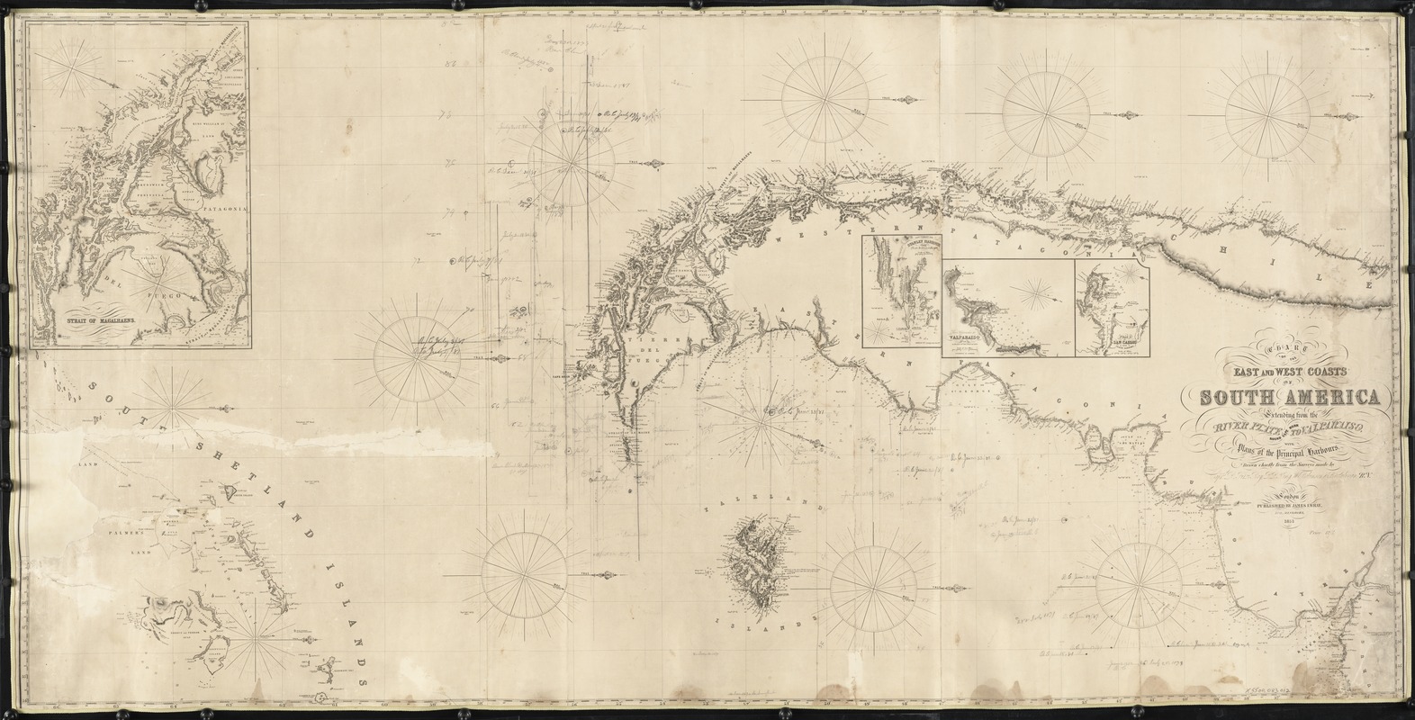 Chart of the East and West coasts of South America, extending from the River Plate round Cape Horn to Valparaiso, with plans fo the principal harbours