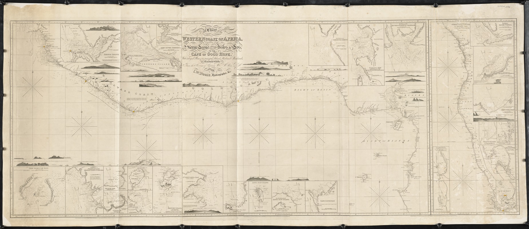 A chart of the western coast of Africa, extending from Sierra Leone and the Isles de Los, to the Cape of Good Hope. With enlarged plans of the principal islands, harbors & roadsteads
