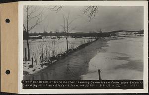 Flat Rock Brook at Ware Center, looking downstream from Ware-Enfield Road, drainage area = 4 square miles, flow = 27 cubic feet per second = 6.7 cubic feet per second per square mile, Ware, Mass., 4:50 PM, Mar. 21, 1933