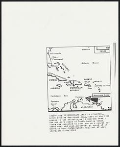 Hurricane Anna in Atlantic-- Arrow locates Hurricane Anna,first of the 1961 season in the Atlantic,as it whirled near the northern coast of South America today. Storm was expected to continue on a course between west and west-northwest at speed of 17 miles an hour.
