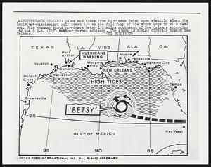 New Orleans: Gales and tides from hurricane Betsy rose steadily along the Louisiana-Mississippi gulf coast 9/9 as the full fury of the storm came in at a dead run. This newsmap spots hurricane Betsy 170 miles southeast of New Orleans according to the 6 p.m. Weather Bureau advisory. The storm is moving directly toward New Orleans.