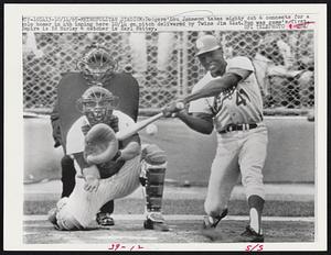 Metropolitan Stadium: Dodgers’ Lou Johnson takes mighty cut & connects for a solo homer in 4thh inning here 10/14 on pitch delivered by Twins Jim Kaat. Run was game’s first. Umpire is Ed Hurley & catcher is Earl Battey.