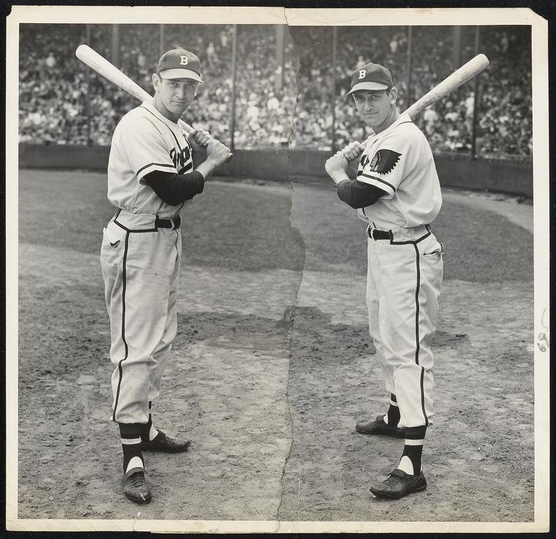 It Isn't a Case of Seeing Double but it is a case of double trouble... for pitchers who face Braves' outfielder Jim Russell. And the ambidexterous batting stance he displays is no gag as he proved not so long ago by clouting two doubles and two homers in a single game with one home run and double fired from the portside and the other two blows from the starboard.