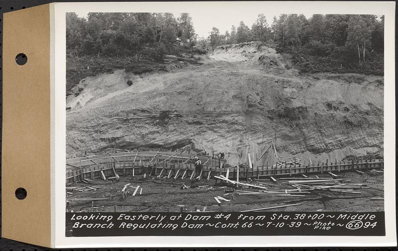 Contract No. 66, Regulating Dams, Middle Branch (New Salem), and East Branch of the Swift River, Hardwick and Petersham (formerly Dana), looking easterly at dam 4 from Sta. 38+00, middle branch regulating dam, Hardwick, Mass., Jul. 10, 1939