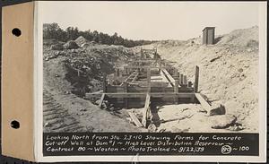 Contract No. 80, High Level Distribution Reservoir, Weston, looking north from Sta. 23+10 showing forms for concrete cut-off wall at dam 1, high level distribution reservoir, Weston, Mass., Sep. 22, 1939