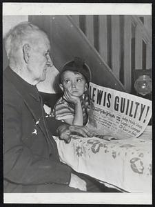 A Coverdale, Pa., miner morosely studies decision that also convicts his union. Miner's son plainly shore in father's concern over sentences to be announced today.