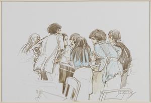 Susan Saxe surrounded by [illegible] at trial. (Artist was criticized by counselling woman for portraying the only male member as taller and therefore...)