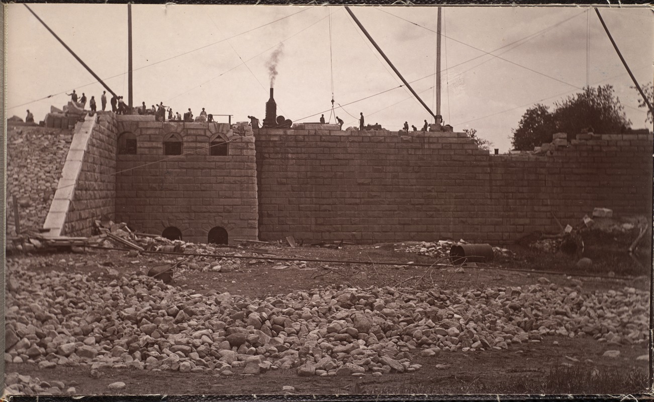 Sudbury Department, Sudbury Dam, gatehouse and water side of dam, Southborough, Mass., May 1896