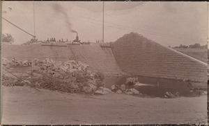 Sudbury Department, Sudbury Dam, overfall, looking from below the dam, and northeasterly wing wall, Southborough, Mass., May 1896