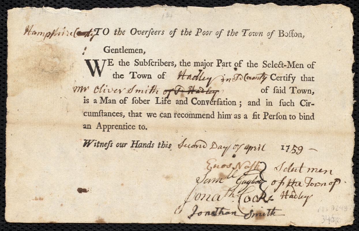 John Davis indentured to apprentice with Oliver Smith of Hadley, 2 May 1759