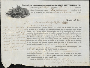 Bill of lading, Gage, Hittinger & Co. for items shipped on Timoleon, Boston to New Orleans