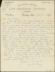 Letter from A.E. Green to "Winsor," Sept. 7, 1897 regarding taxes