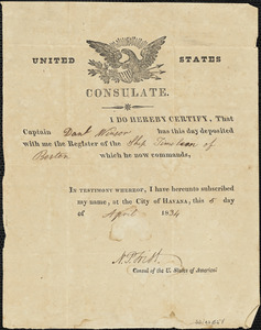 Certified receipt for register of "Timoleon" issued by U.S. Consul to Capt. Daniel L. Winsor