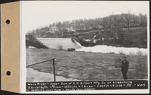 Ware River, upper dam of G.H. Gilbert Manufacturing Co. at Gilbertville, drainage area = 161 square miles, flow 1250 cubic feet per second = 7.8 cubic feet per second per square mile, 1200 cubic feet per second over dam, 50 cubic feet per second through wheels, Hardwick, Mass., 3:40 PM, Apr. 3, 1933