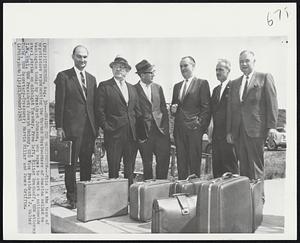 Headed for Washington--This is the team of negotiators representing the United Steelworkers of America called to Washington today by President Johnson, who hopes to avert a nationwide steel strike on midnight Tuesday. From left, Elliot Bredhoff, USW attorney; I.W. Abel, USW President; Joseph Molony, USW Vice President; J. Walter Burke, USW Secretary-Treasurer; Marvin Miller and James Griffin.