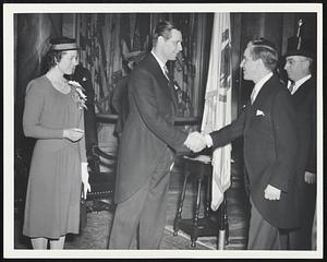 State House. Mayor Kerrigan greets Gov + Mrs Tobin