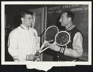 Amherst Fair Exchange- Tom Poor of Amherst College hands his squash racquet to coach Ed Serues in exchange for the tennis racquet he'll swing this spring. Poor reached finals of recent NCAA squash championships.