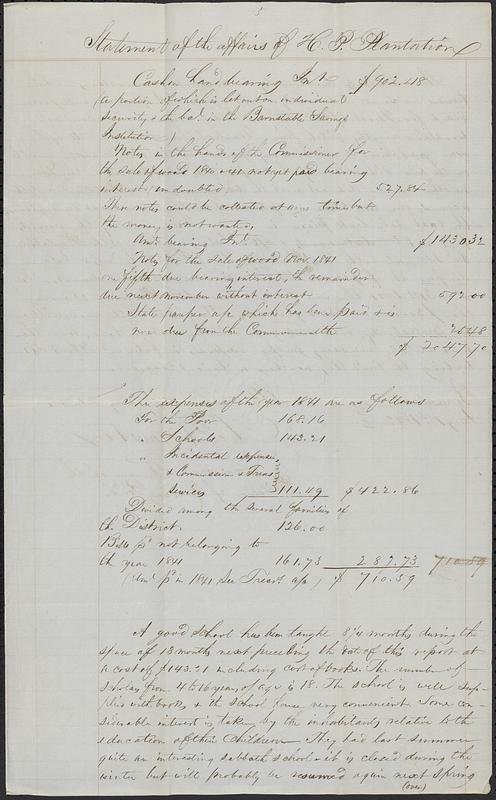 Herring Pond - Report Concerning Treasury and Affairs, January 1, 1842