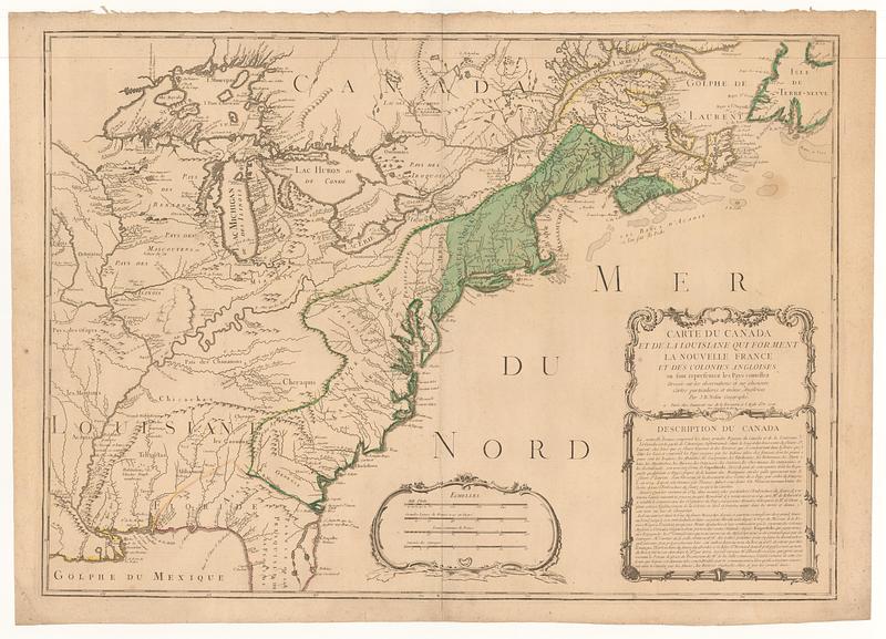 Carte du Canada et de la Louisiane qui forment la Nouvelle France et des colonies angloises ou sont representez les pays contestez dressée sur les observations et sur plusieurs cartes particulieres et même angloises