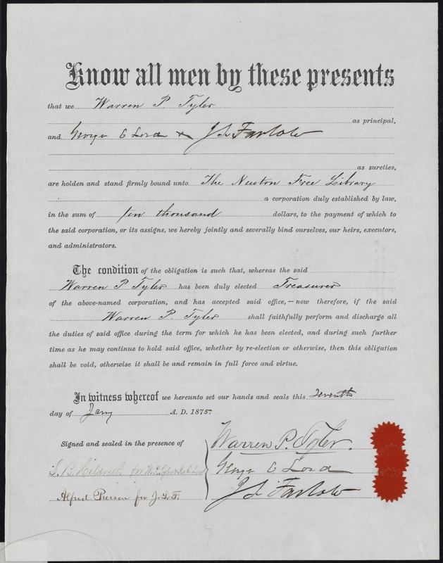 Warren P. Tyler, George C. Lord, Joseph Farlow bond to the Newton Free Library, January 7, 1875