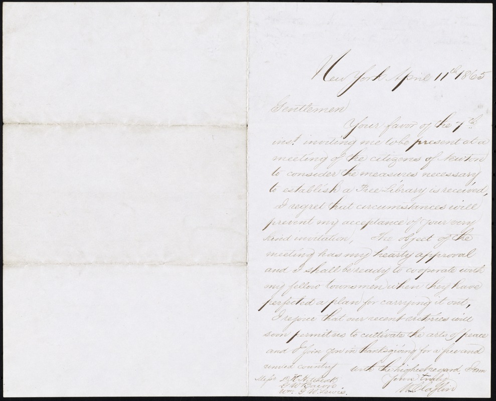 Letter to D.K. Hitchock, G.W. Bacon and Wm. G.W. Lewis, April 11, 1865