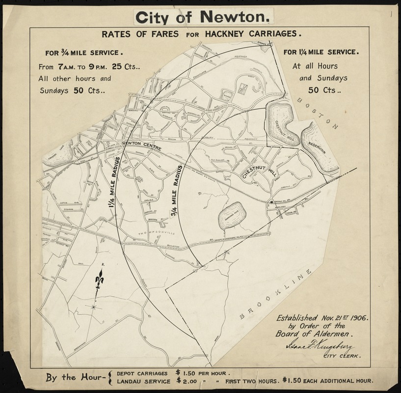 City of Newton (Chestnut Hill). Rates of fares for hackney carriages established Nov. 21, 1906 by order of Board of Aldermen