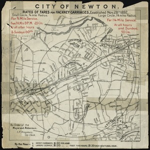 City of Newton (Newtonville). Rates of fares for hackney carriages established Nov. 28th, 1892