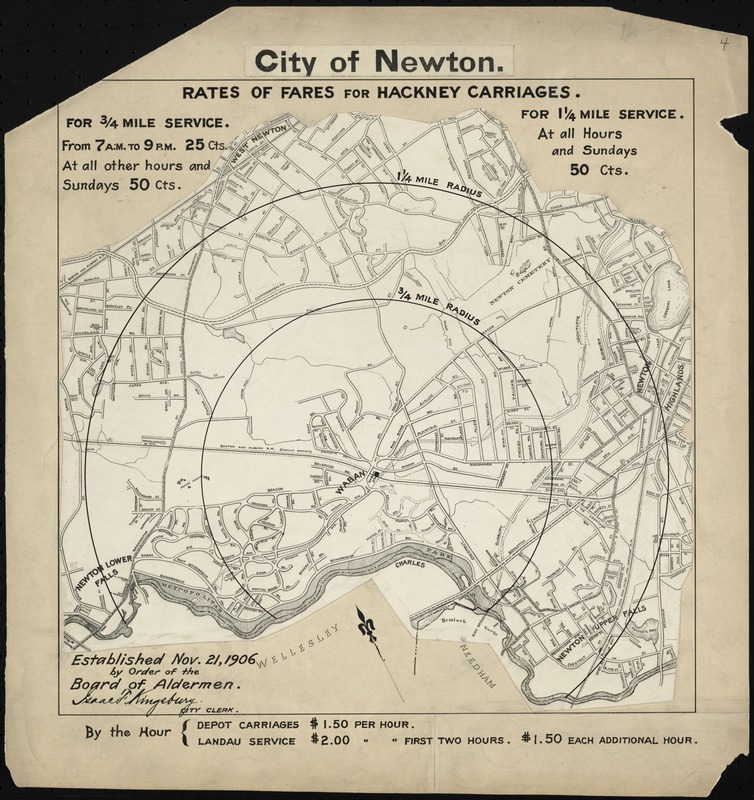 City of Newton (Waban). Rates of fares for hackney carriages established Nov. 21, 1906 by order of Board of Aldermen