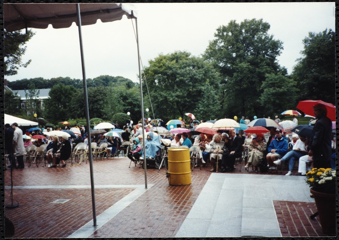 Newton Free Library Grand Opening Celebration, September 15, 1991. Audience outside of Newton Free Library. Mayor Theodore Mann
