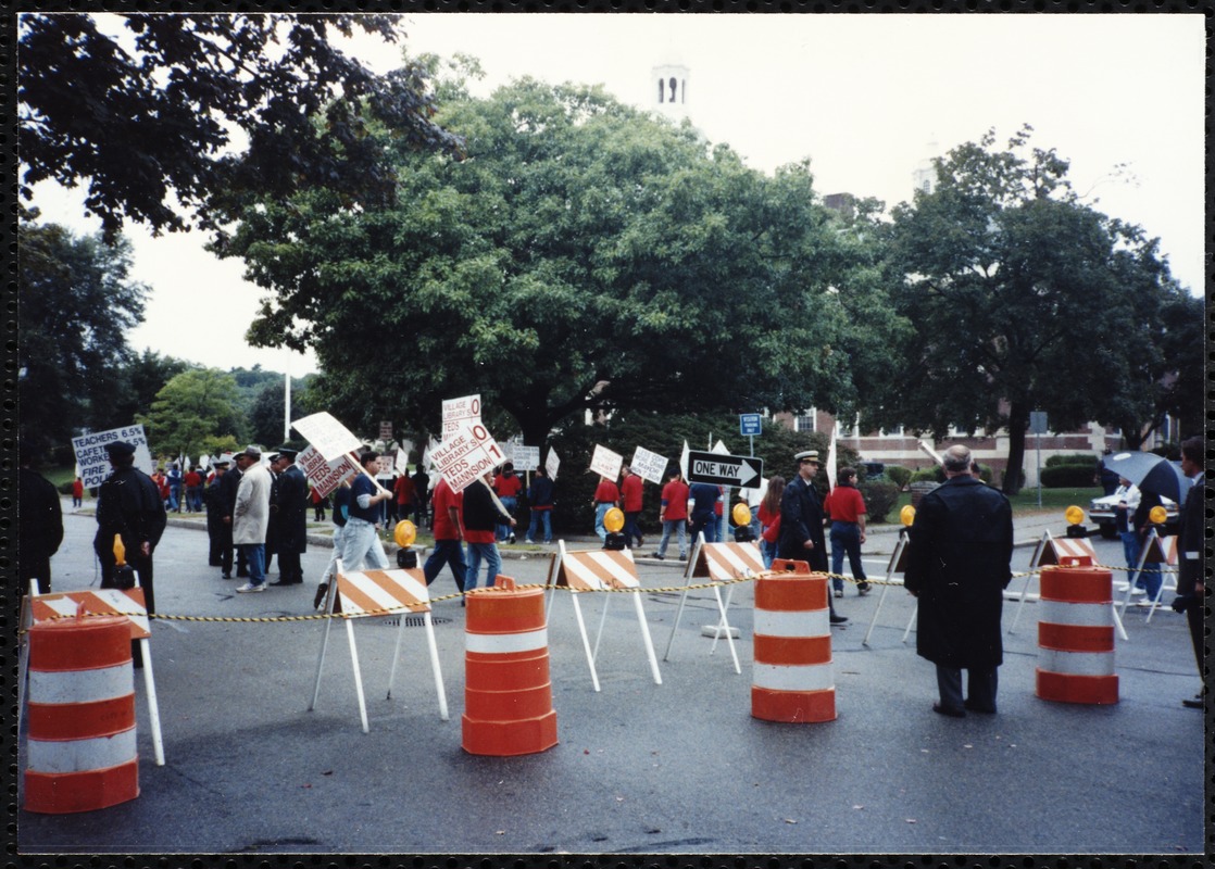 Newton Free Library Grand Opening Celebration, September 15, 1991. Picketers outside of Newton Free Library