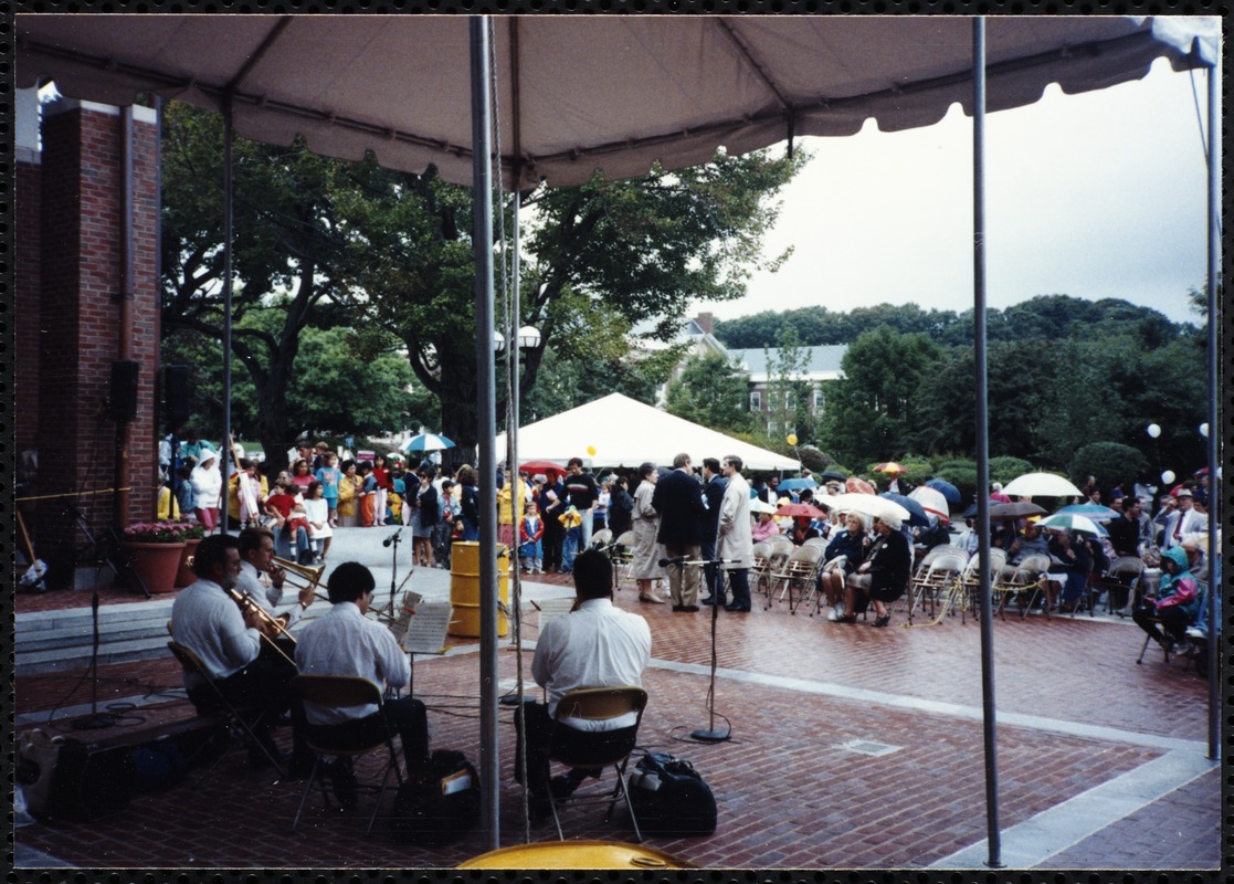 Newton Free Library Grand Opening Celebration, September 15, 1991. Newton Symphony Orchestra brass quartet. Audience scene